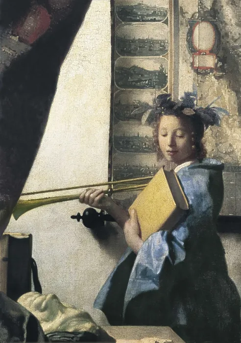 Framed Print : VERMEER, Johannes (1632-1675). The Artists Studio or The Art of Painting. 1665-1666. Detail of the model that poses like Clio, muse of history. Baroque art. Oil on canvas Framed Print : VERMEER, Johannes (1632-1675). The Artists Studio or The Art of Painting. 1665-1666. Detail of the model that poses like Clio, muse of history. Baroque art. Oil on canvas
