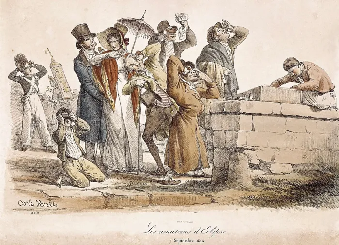Framed Print : VERNET, Carle (1758-1836). The Lovers of the Eclipse (7th September 1820). 'Les amateurs d'Eclipse' (September 7, 1820). Illustration by Carle Vernet. Litography Framed Print : VERNET, Carle (1758-1836). The Lovers of the Eclipse (7th September 1820). 'Les amateurs d'Eclipse' (September 7, 1820). Illustration by Carle Vernet. Litography