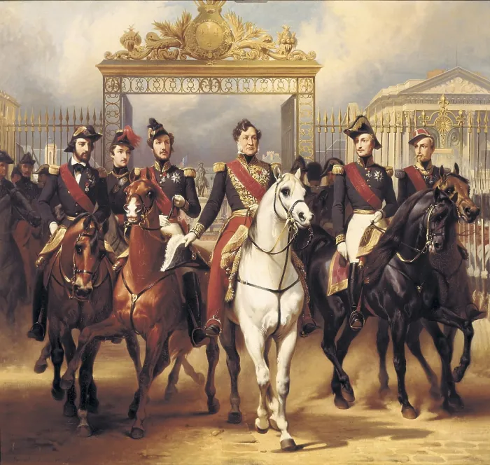 Framed Print : VERNET, Emil-Jean-Horace (1789-1863). Louis-Philippe and his Sons on Horseback in front of the Bar of the Chateau de Versailles. 1846