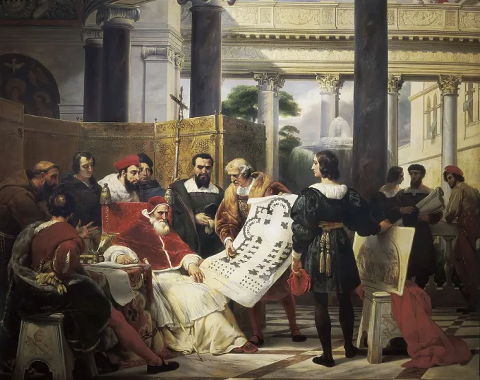 Framed Print : VERNET, Emil-Jean-Horace (1789-1863). Pope Julius II ordering Bramante, Michelangelo and Raphael to construct the Vatican and St. ca. 1827. Soffit from the museum's B hall Framed Print : VERNET, Emil-Jean-Horace (1789-1863). Pope Julius II ordering Bramante, Michelangelo and Raphael to construct the Vatican and St. ca. 1827. Soffit from the museum's B hall