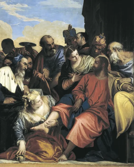 Framed Print : VERONESE, Paolo Caliari, called Paolo (1528-1588). Supper in the House of Simon. 1560. Detail. Mary Magdalene washing the feet of Jesus Christ. Renaissance art. Cinquecento