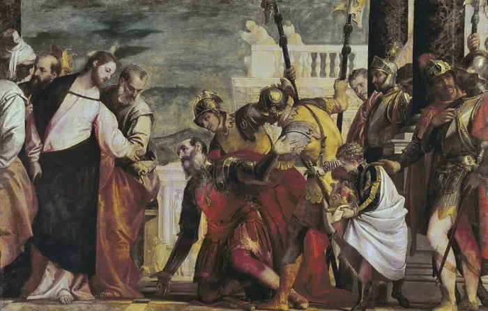 Framed Print : VERONESE, Paolo Caliari, called Paolo (1528-1588). Jesus and the Centurion. ca. 1507 - ca. 1575. This painting referrs to chapter 8 from St