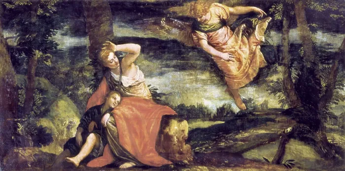 Framed Print : VERONESE, Paolo Caliari, called Paolo (1528-1588). Hagar and Ishmael in the Desert. ca. 1585. Renaissance art. Cinquecento. Venetian school. Oil on canvas. AUSTRIA. Vienna