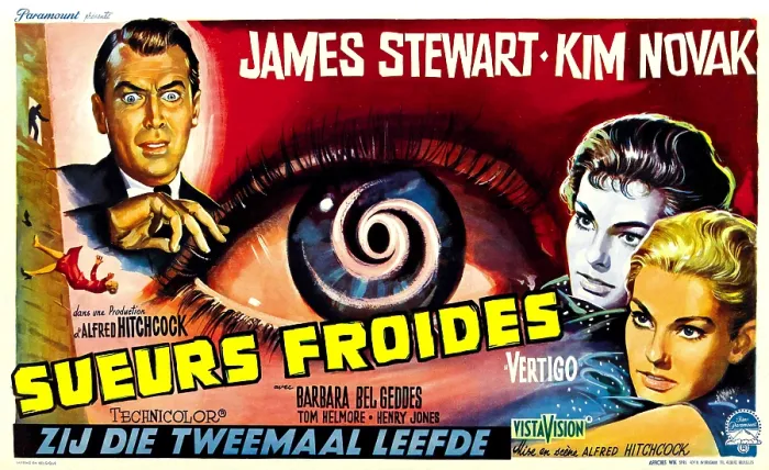 Framed Print : VERTIGO, top left: James Stewart; on right, both as a brunette and a blonde: Kim Novak; Belgian poster art, 1958 Framed Print : VERTIGO, top left: James Stewart; on right, both as a brunette and a blonde: Kim Novak; Belgian poster art, 1958