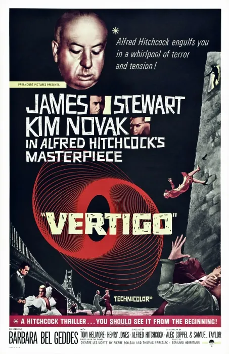 Framed Print : VERTIGO, US poster art, from top: Alfred Hitchcock, James Stewart, Kim Novak, 1958