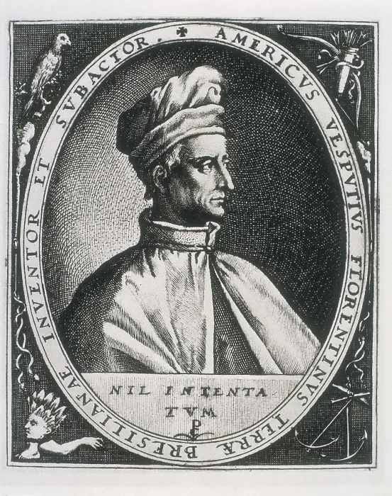 Framed Print : VESPUCCI, Amerigo (1454-1512). Portrait surrounded by the inscription: 'Americus Vesputius Florentinus Terrae Bresilianae Inventoret Subactor'. Engraving Framed Print : VESPUCCI, Amerigo (1454-1512). Portrait surrounded by the inscription: 'Americus Vesputius Florentinus Terrae Bresilianae Inventoret Subactor'. Engraving
