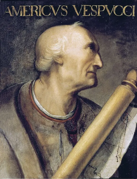 Framed Print : VESPUCCI, Amerigo (1454-1512). Portrait with the inscription: 'Americus Vespucci'. Oil on canvas. ITALY. Florence. Galleria degli Uffizi (Uffizi Gallery)