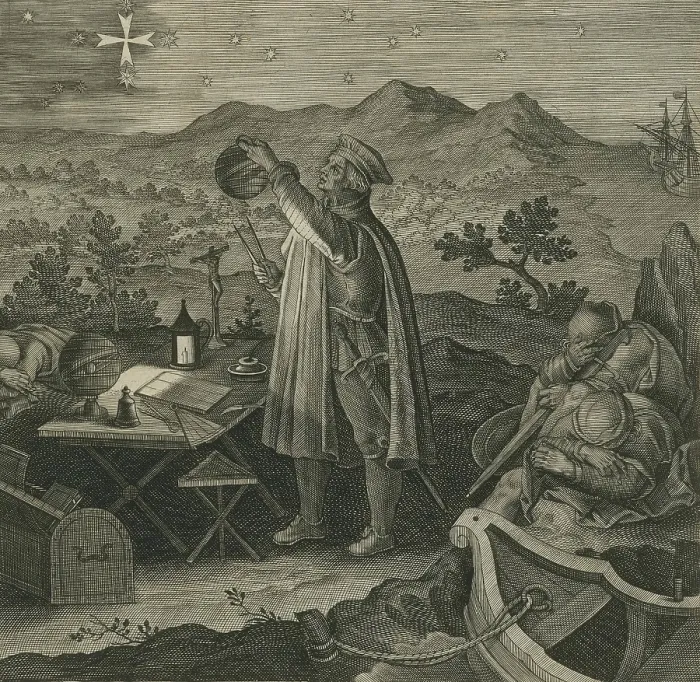 Framed Print : Vespucci studies the measurement of the earths sphere by observing the Southern Cross constellation while his crew sleeps Framed Print : Vespucci studies the measurement of the earths sphere by observing the Southern Cross constellation while his crew sleeps