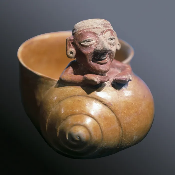 Framed Print : Vessel shaped as a snail decorated with an old man sculpture. Maya art. Ceramics. MEXICO. Mexico City. National Museum of Anthropology. Proc: MEXICO. Simojovel. - J