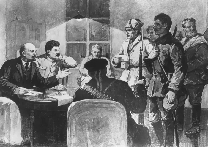 Framed Print : V.I. Lenin and Josef Stalin with Red Guards men in the Smolny Institute, St. Petersburg, 1917. Watercolor painting by P. Vasiliov. (CSU_2015_11_1390)