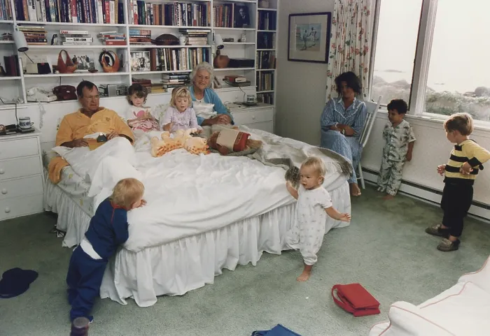 Framed Print : Vice President and Barbara Bush surrounded by their grandchildren in their bedroom at their summer home in Kennebunkport Maine