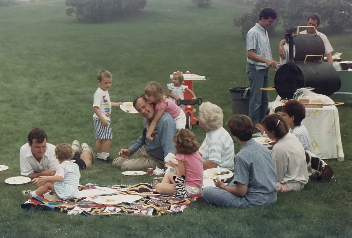 Framed Print : Vice President Bush picnics on the lawn of his Kennebunkport home with his family including many young grandchildren. Ca. 1984. (BSLOC_2011_3_98) Framed Print : Vice President Bush picnics on the lawn of his Kennebunkport home with his family including many young grandchildren. Ca. 1984. (BSLOC_2011_3_98)