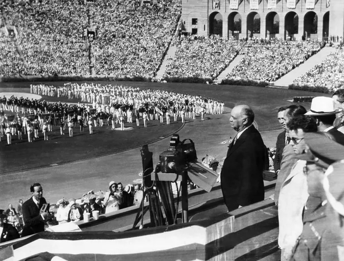 Framed Print : Vice President Charles Curtis (right of center), delivering an address declaring the opening of the Olympic games at the 1932 Olympics, Memorial Coliseum, Los Angeles California Framed Print : Vice President Charles Curtis (right of center), delivering an address declaring the opening of the Olympic games at the 1932 Olympics, Memorial Coliseum, Los Angeles California