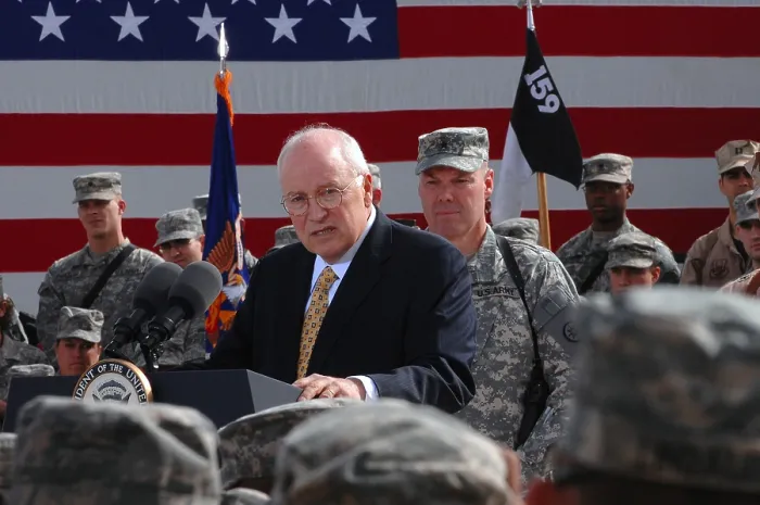 Framed Print : Vice President Dick Cheney speaks to a crowd of soldiers on Balad Air Base Iraq March 18 2008. Photo by:Everett Collection(BSLOC_2011_6_117)