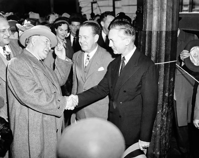 Framed Print : Vice President-elect Alben W. Barkley (l) shakes hands with James V. Forrestal, with others looking on. ca. 1948