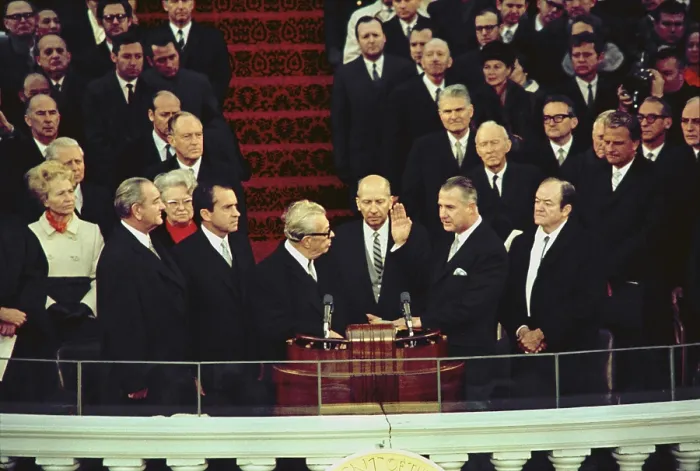 Framed Print : Vice-President elect Spiro Agnew takes the oath of office from Senate Minority Leader Everett Dirkson. Also pictured are Lyndon Johnson Richard Nixon Hubert Humphrey Billy Graham