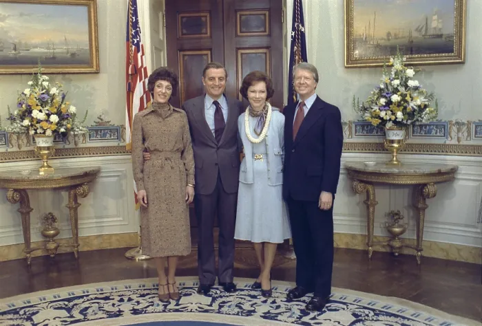 Framed Print : Vice President and Joan Mondale pose for a portrait in the Oval Office with President and Roselyn Carter. Ca. 1977-1980