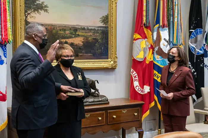 Framed Print : Vice President Kamala Harris administers the oath of office to Lloyd Austin as Secretary of Defense, Monday, Jan. 25, 2021