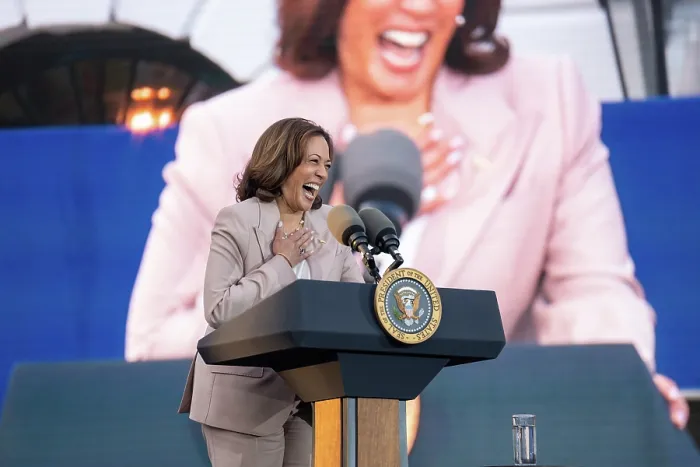 Framed Print : Vice President Kamala Harris delivers welcomes guest and performers at a Juneteenth concert on the South Lawn of the White House, June 13, 2023
