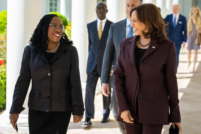 Framed Print : Vice President Kamala Harris and Justice Ketanji Brown Jackson walk along the West Colonnade, on their way to a celebration of Jackson's confirmation to the Supreme Court