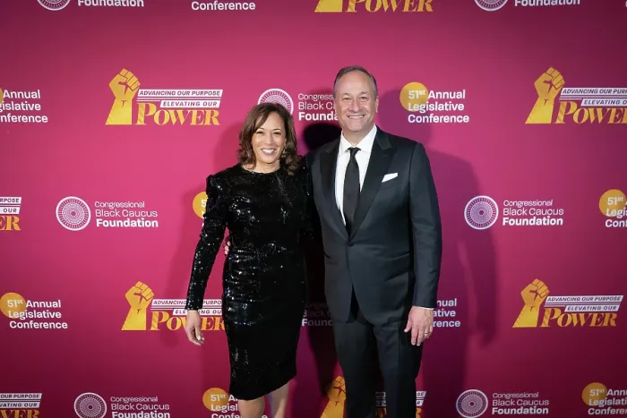 Framed Print : Vice President Kamala Harris and Second Gentleman Douglas Emhoff pose for a Red Carpet photo at the Congressional Black Caucus, Foundation Phoenix Awards, Sept. 23, 2023