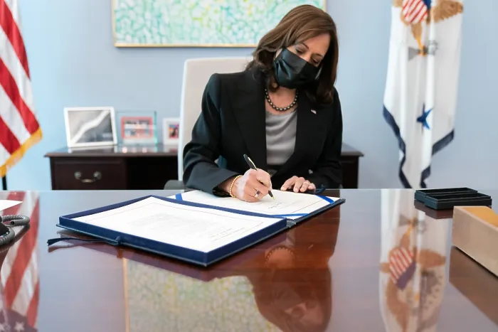 Framed Print : Vice President Kamala Harris signs two bills in her West Wing Office, Nov. 8, 2021 (BSLOC_2022_2_5) Framed Print : Vice President Kamala Harris signs two bills in her West Wing Office, Nov. 8, 2021 (BSLOC_2022_2_5)