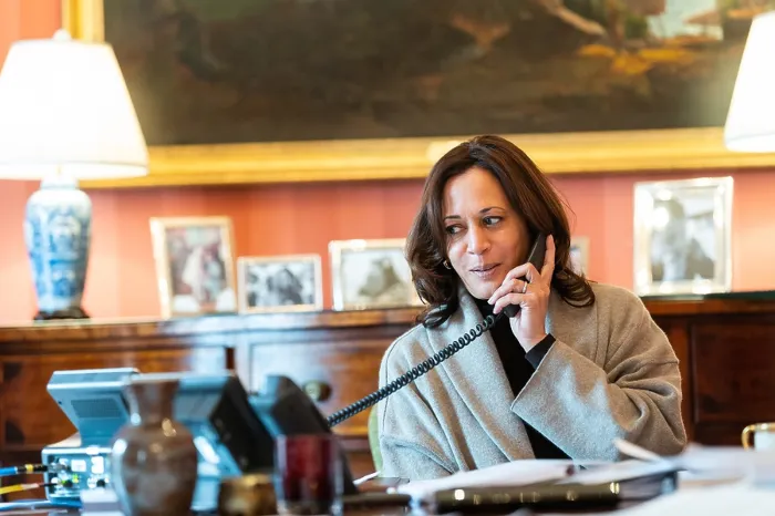 Framed Print : Vice President Kamala Harris talks on the phone with French President Emmanuel Macron, Feb. 15, 2021