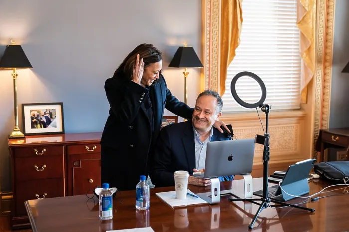 Framed Print : Vice President Kamala Harris visits with her husband, Second Gentleman Doug Emhoff, in his office in the Eisenhower Executive Office Building, Jan. 28, 2021 (BSLOC_2021_4_32)