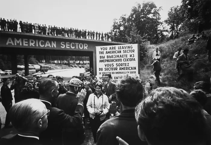Framed Print : Vice President Lyndon Johnson (on right) in Berlin. VP Johnson's visited with US troops at edge of Western Sector, on Aug. 20, 1961