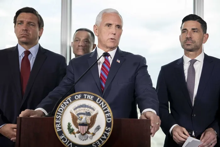 Framed Print : Vice President Mike Pence at a Coronavirus press conference, March 7, 2020, Fort Lauderdale, Florida