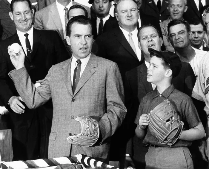 Framed Print : Vice President Nixon officially opens the 1959 baseball season. Beside him is young David Eisenhower, grandson of the President and Nixon's future son-in-law. April 7, 1969
