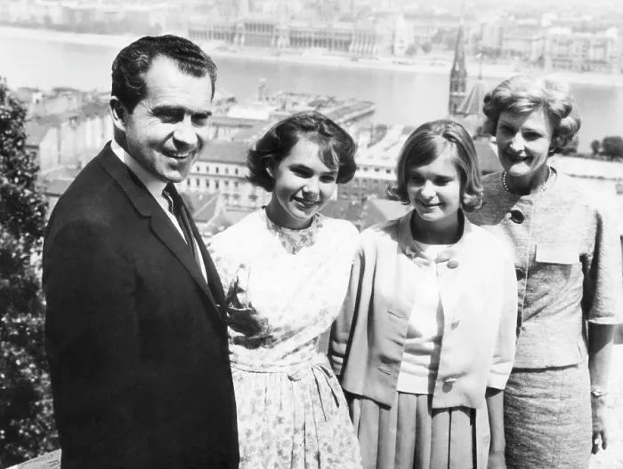 Framed Print : Former Vice President Richard Nixon, Julie Nixon, Tricia Nixon, and Pat Nixon, California, July 26, 1963. Courtesy: CSU Archives / Everett Collection