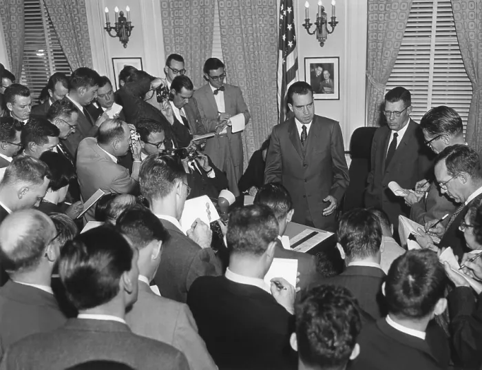 Framed Print : Vice President Richard Nixon with reporters on Nov. 27, 1957. Nixon answered questions about Eisenhower's mild stroke that occurred in the Oval Office on Nov. 25, 1957