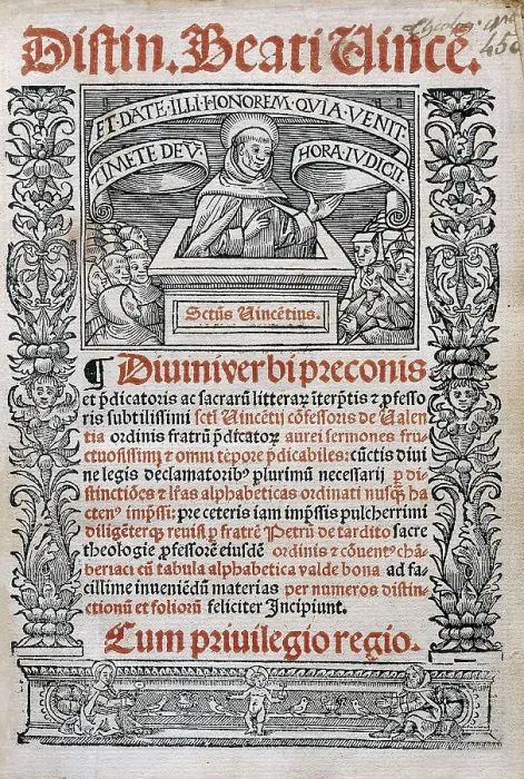Framed Print : VICENTE FERRER, Saint (1350-1419). Saint Vincent Ferrer's sermons. Edition publiseh in Lugduni (Leyden) in 1523. Cover. AISA / Everett Collection**US SALES ONLY** Framed Print : VICENTE FERRER, Saint (1350-1419). Saint Vincent Ferrer's sermons. Edition publiseh in Lugduni (Leyden) in 1523. Cover. AISA / Everett Collection**US SALES ONLY**