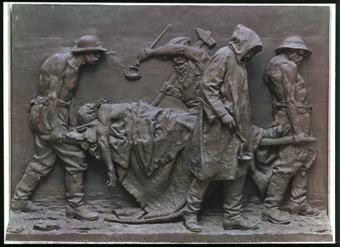 Framed Print : The Victims of Labor (Le vittime del lavoro), by Vincenzo Vela, 1882-1895, 19th Century, bronze, 239 x 323 x 40 cm - Italy, Lazio, Rome, National Gallery of Modern Art - GNAM