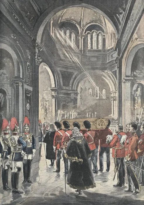Framed Print : Victoria (1819-1901). Funerals of the queen Victoria in the Frogmore Mausoleum. Illustration from 'Le Petit Journal' (February 171901). Engraving Framed Print : Victoria (1819-1901). Funerals of the queen Victoria in the Frogmore Mausoleum. Illustration from 'Le Petit Journal' (February 171901). Engraving