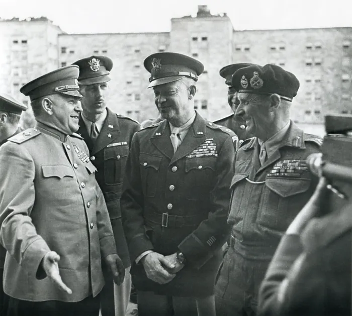 Framed Print : Victorious Allied Commanders, L-R: Georgi Zhukov, Dwight Eisenhower and Field Marshall Montgomery. June 5, 1945 in Berlin, Germany. World War 2 (BSLOC_2015_13_97)