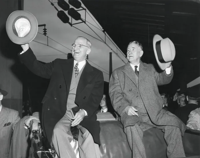Framed Print : Victorious President Harry Truman and VP-elect Alben Barkley at Union Station. They have returned to Washington, D.C. after the 1948 election, which Truman was expected to lose