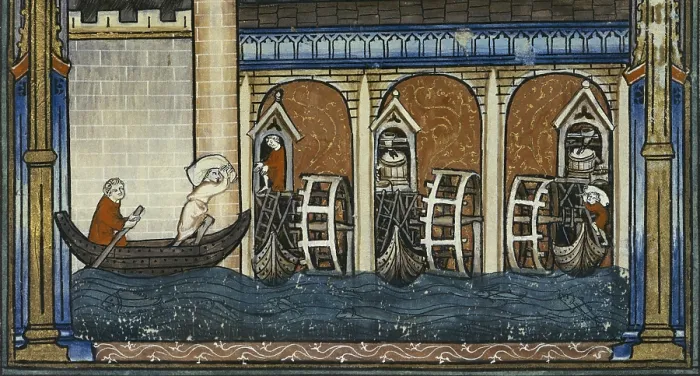 Framed Print : Vie de Saint Denis', page 37. 1317. Scenes of St Dionis life. Detail of shipping at the Seine and Pont aux Meniers. Gothic art. Miniature Painting. FRANCE. Paris Framed Print : Vie de Saint Denis', page 37. 1317. Scenes of St Dionis life. Detail of shipping at the Seine and Pont aux Meniers. Gothic art. Miniature Painting. FRANCE. Paris