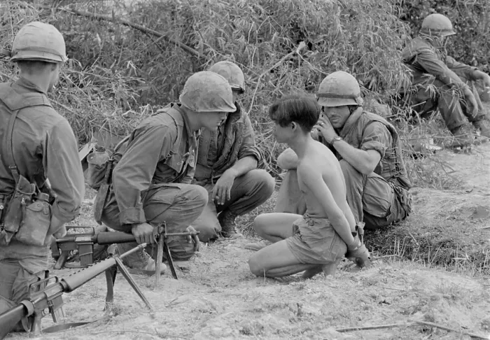 Framed Print : Viet Cong prisoner of war. US Marines interrogate a prison during a search and destroy mission code named Operation Badger Catch in Quang Tri Province. Jan 23-26, 1968