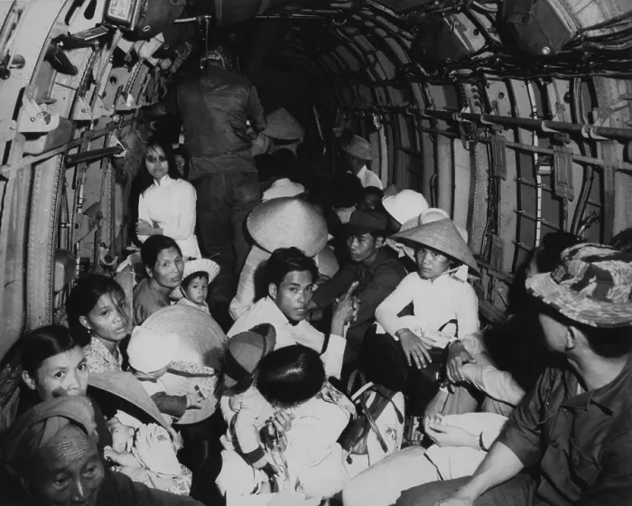 Framed Print : Vietnam refugees evacuated. US Air Force helicopter take refugees to a safe area near Saigon after their village was attacked by Viet Cong. March 1966