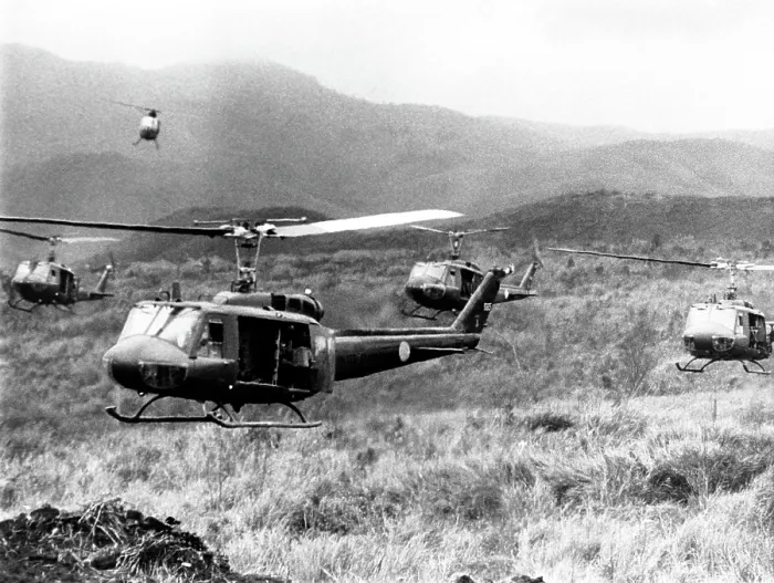 Framed Print : Vietnam War, American helicopters leaving staging area of Khe Sanh to carry South Vietnamese paratroopers to advance positions in Laos, 02 / 12 / 71