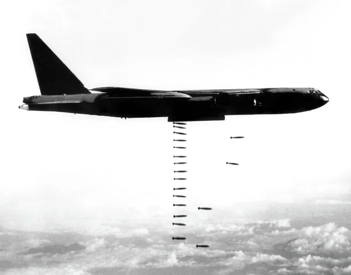 Framed Print : Vietnam War, B-52 Stratofortress (from the Third Air Division's 4133rd Bombardment Wing) releasing a bomb train over targets in Vietnam, 03 / 31 / 67