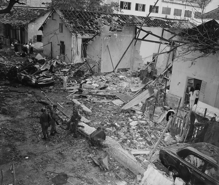 Framed Print : Vietnam War. Destruction of the Brinks Hotel in Saigon which was being used as officers billets for US Armed Forces