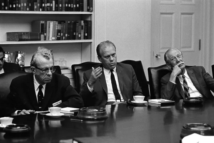 Framed Print : Vietnam War escalation. Republican leaders meet with President Lyndon Johnson (unseen) after five US planes were shot down in attacks on North Vietnamese anti-aircrafts missiles Framed Print : Vietnam War escalation. Republican leaders meet with President Lyndon Johnson (unseen) after five US planes were shot down in attacks on North Vietnamese anti-aircrafts missiles