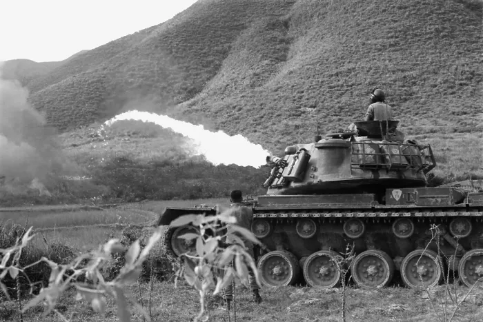 Framed Print : Vietnam War. US Marine Corps flame thrower tank in action. Ca. 1966