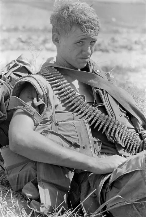 Framed Print : Vietnam War. US Marine takes a break during a ground movement 25 miles north of An Hoa, North Vietnam. 1969