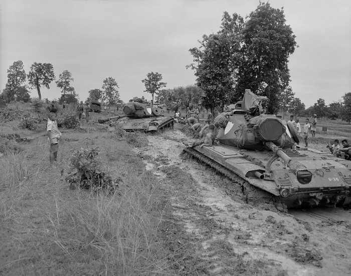 Framed Print : Vietnam War. Two US Marine tanks stuck in deep mud in northeastern Thailand during Operation Bold Mariner