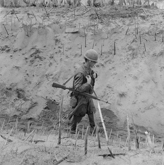 Framed Print : Vietnam War. US Marine walks through a punji-staked gully. Punji stake booby traps were made out of wood or bamboo, and placed in the ground to injure soldiers on patrol. Jan Framed Print : Vietnam War. US Marine walks through a punji-staked gully. Punji stake booby traps were made out of wood or bamboo, and placed in the ground to injure soldiers on patrol. Jan