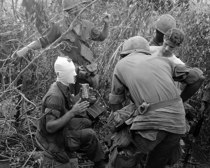 Framed Print : Vietnam War, members of Company D ist Battalion, 501st Airborne Infantry relate battle and wounds received during action east of Tam Ky, to other members of the Company